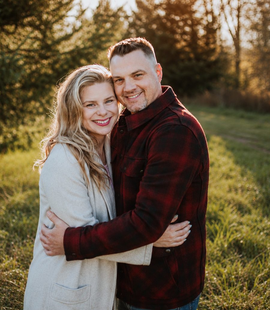Laura Sinclair Faunt and Andrew Faunt, founders of Elder and Sage, embracing in a sunlit field